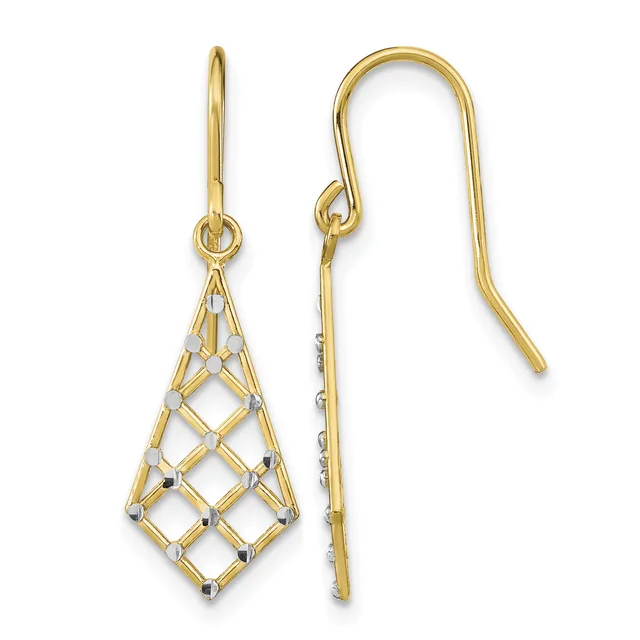 Pair of gold drop earrings with diamond-shaped lattice pendants and small dark stone accents, shown front and back views on French hook wires.