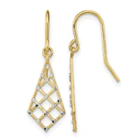 Pair of gold drop earrings with diamond-shaped lattice pendants and small dark stone accents, shown front and back views on French hook wires.