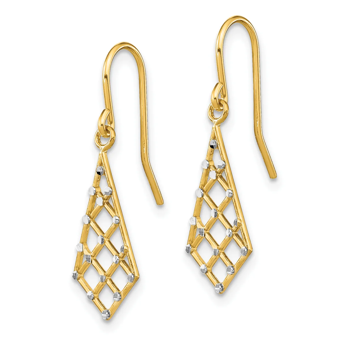 Pair of gold drop earrings with diamond-shaped lattice pendants and small diamond accents, suspended from curved ear wires.
