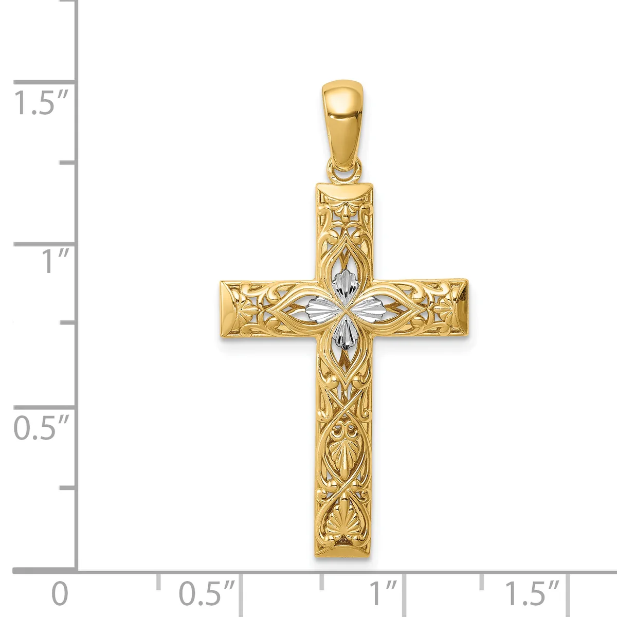 Gold cross pendant with ornate filigree detailing and a white marquise-shaped stone at the center, shown next to a measurement scale.