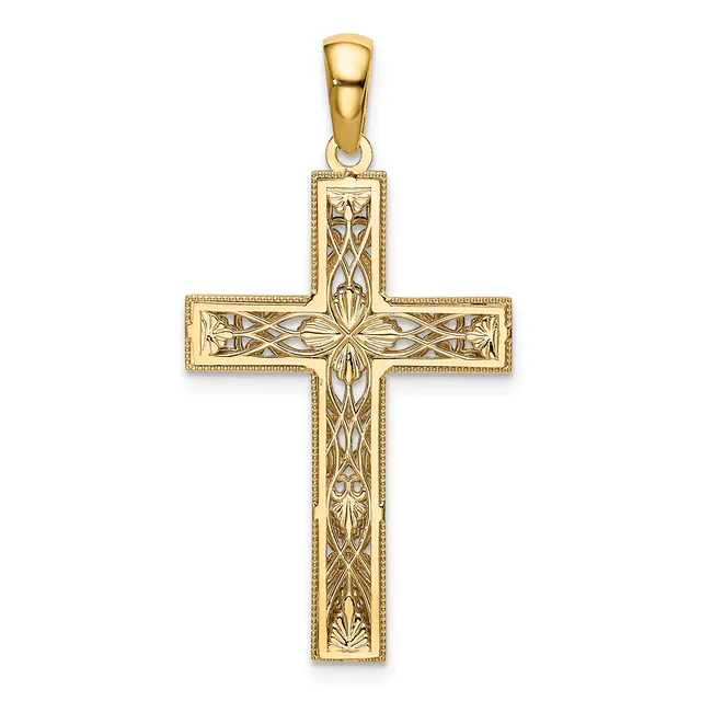 A gold cross pendant with ornate filigree detailing throughout, featuring a geometric floral pattern in the center, displayed against a white background.