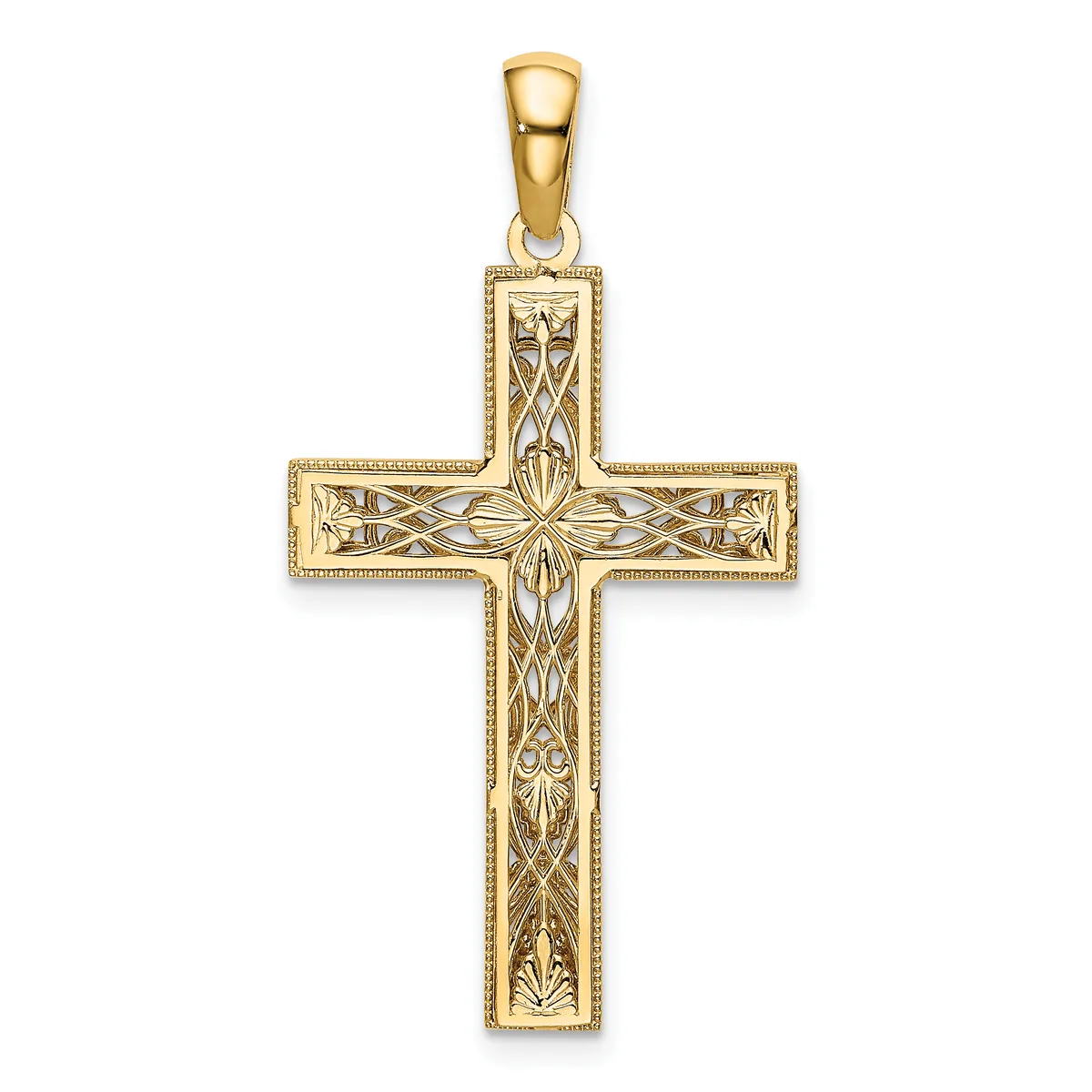 A gold cross pendant with ornate filigree detailing throughout, featuring a geometric floral pattern in the center, displayed against a white background.
