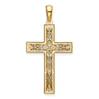 A gold cross pendant with ornate filigree detailing throughout, featuring a geometric floral pattern in the center, displayed against a white background.