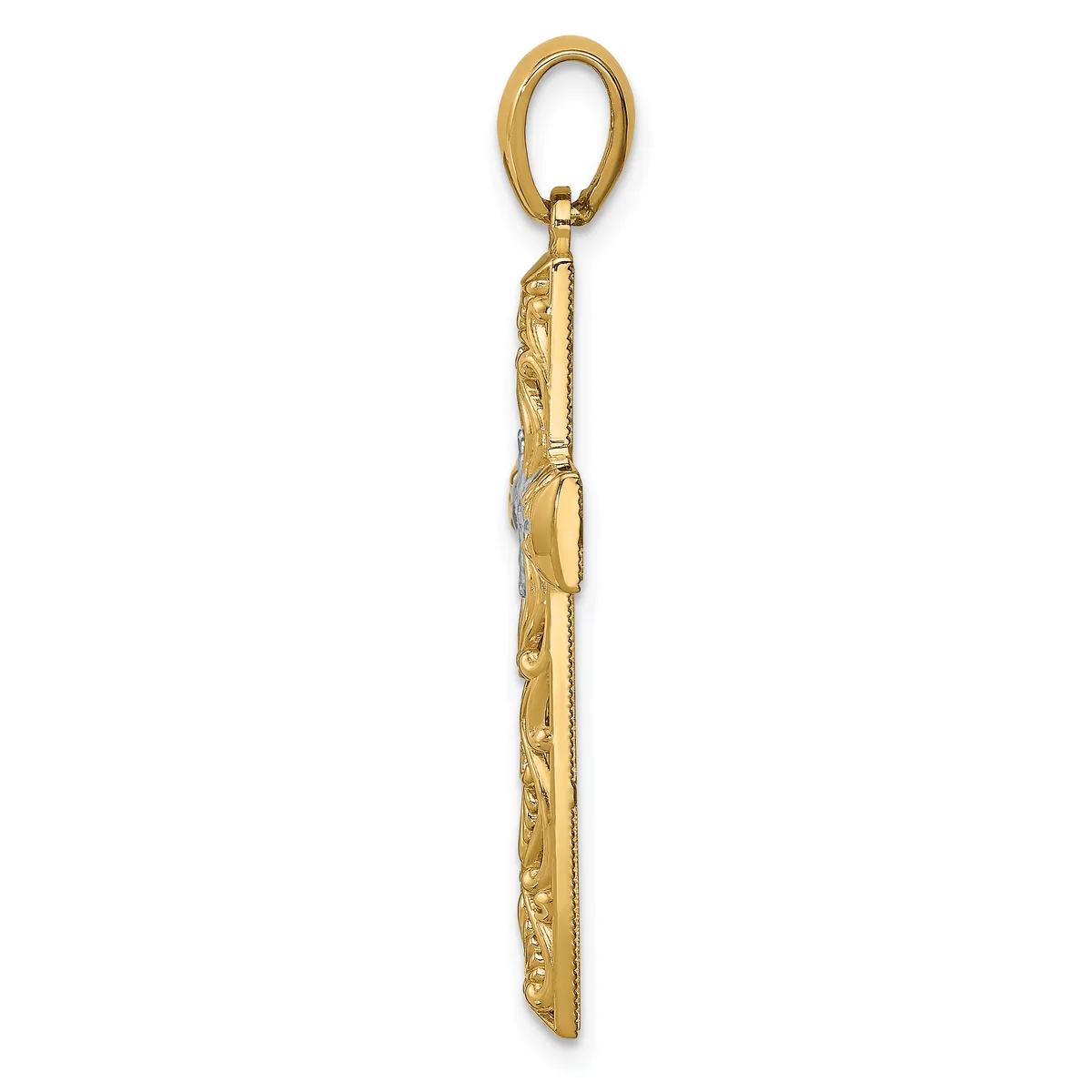 A gold pendant charm with an oval loop at the top and an ornately carved rectangular body featuring floral and scroll detailing along its length.