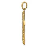 A gold pendant charm with an oval loop at the top and an ornately carved rectangular body featuring floral and scroll detailing along its length.