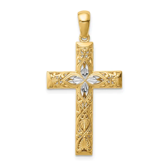 A gold cross pendant with ornate filigree detailing and a white gemstone accent at the center, displayed against a white background.