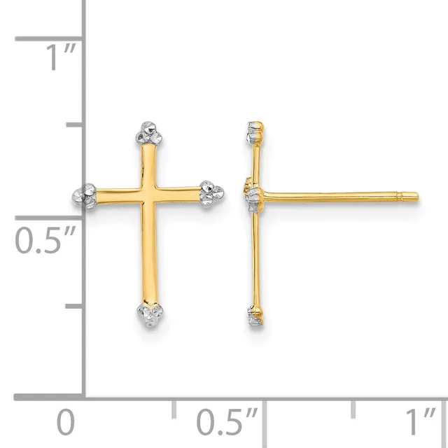 Two gold cross earrings with diamond accents at the endpoints, displayed against a measurement scale showing approximately half inch width and one inch height.