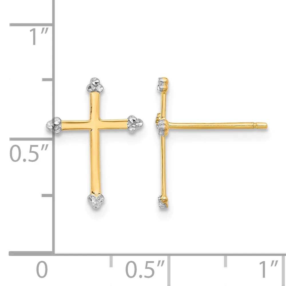 Two gold cross earrings with diamond accents at the endpoints, displayed against a measurement scale showing approximately half inch width and one inch height.