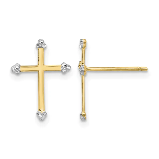 Two-tone gold cross earrings with diamond accents at each endpoint, shown from front and side views.