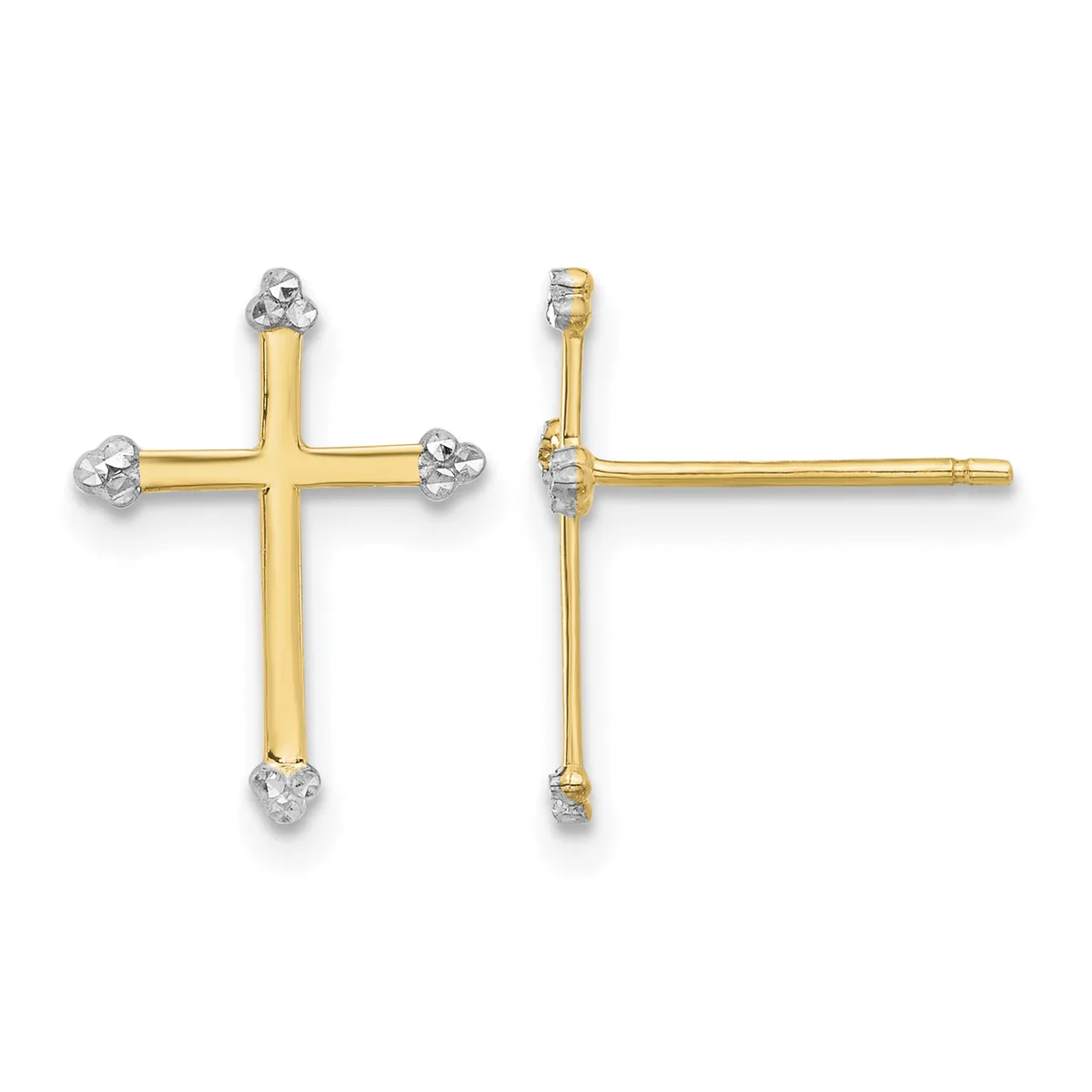 Two-tone gold cross earrings with diamond accents at each endpoint, shown from front and side views.