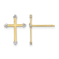 Two-tone gold cross earrings with diamond accents at each endpoint, shown from front and side views.