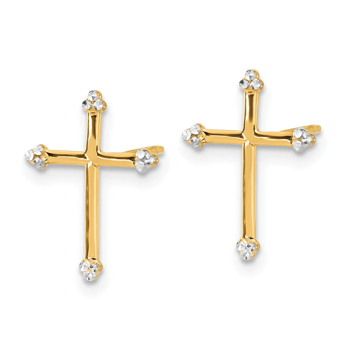A pair of gold cross earrings with diamond studs at each of the four endpoints and the bottom, shown from the front.