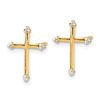 A pair of gold cross earrings with diamond studs at each of the four endpoints and the bottom, shown from the front.