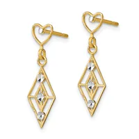 Pair of gold heart stud earrings with dangling diamond-shaped pendants featuring geometric cutout designs and small faceted accents.