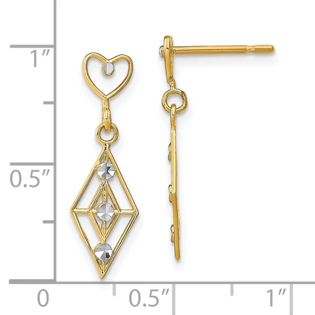 Two gold-toned drop earrings with heart-shaped posts and diamond-shaped pendant charms containing white rhinestones, shown next to a ruler measuring approximately one inch long.