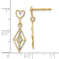 Two gold-toned drop earrings with heart-shaped posts and diamond-shaped pendant charms containing white rhinestones, shown next to a ruler measuring approximately one inch long.