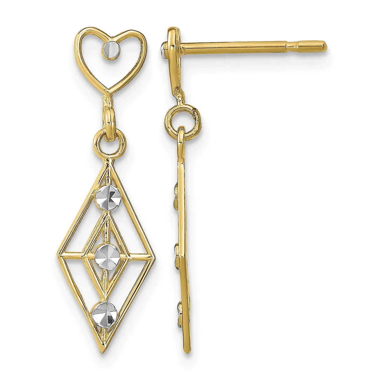 Gold-toned drop earrings with heart-shaped studs connected to diamond-shaped pendants containing clear faceted stones, shown from front and back views.