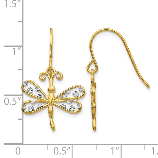 Gold dragonfly earrings with crystal inlays on the wings, shown next to a measurement ruler indicating approximately one inch in length.