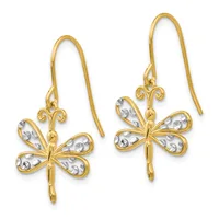 Pair of gold and silver-tone butterfly dangle earrings with filigree-patterned wings and decorative scroll details on fish hook wires.