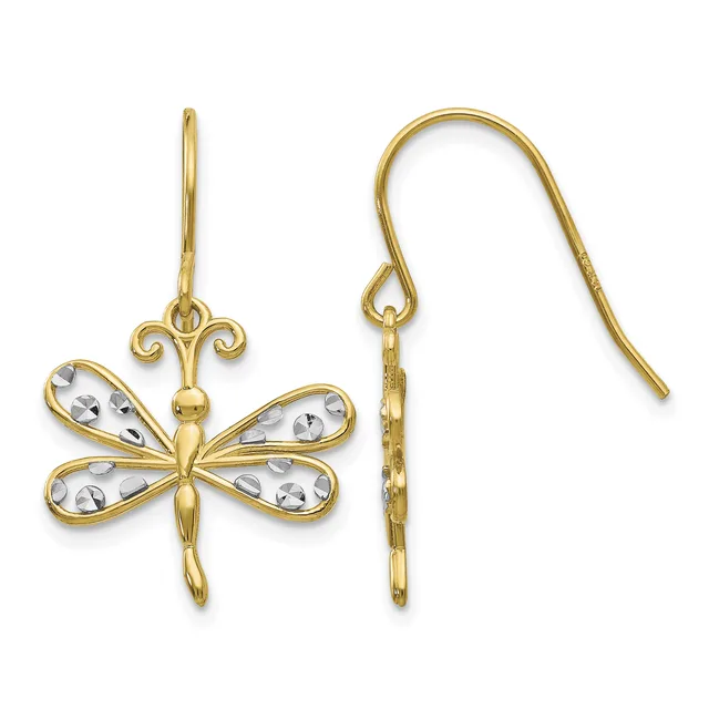 A pair of gold-colored drop earrings with fish hook closures, each featuring a four-petaled flower design with clear crystal stone inlays and decorative scrollwork at the top.