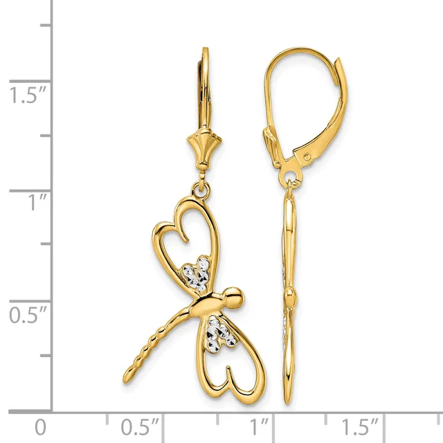 Gold-toned heart-shaped dangle earrings with cubic zirconia accents, shown on a measurement scale indicating approximately 1.5 inches in length.