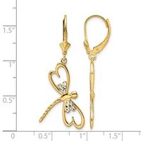 Gold-toned heart-shaped dangle earrings with cubic zirconia accents, shown on a measurement scale indicating approximately 1.5 inches in length.
