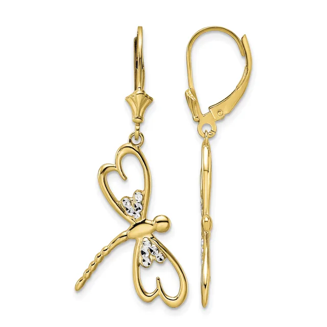 Pair of gold-toned lever-back earrings featuring heart-shaped outlines with cubic zirconia accents and dangling dragonfly charms.