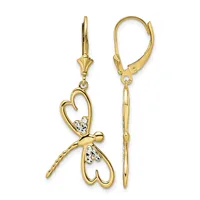 Pair of gold-toned lever-back earrings featuring heart-shaped outlines with cubic zirconia accents and dangling dragonfly charms.
