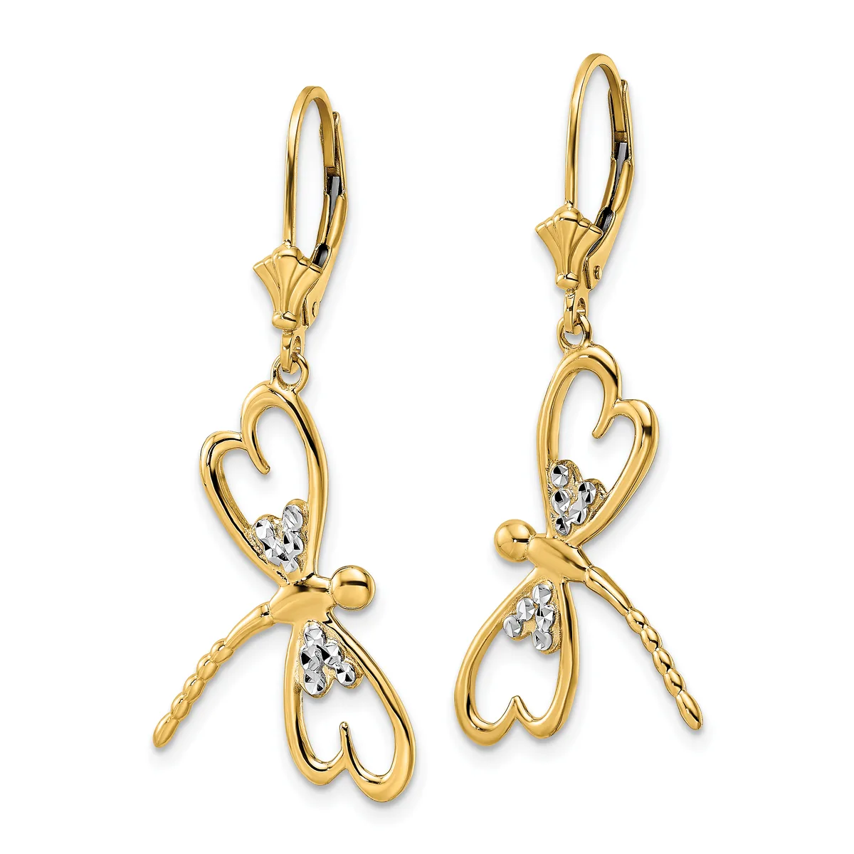 Pair of gold-toned butterfly-shaped dangle earrings with cubic zirconia accents and lever-back closures, shown from the front.