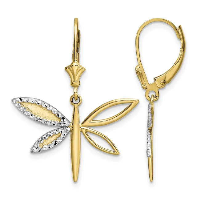 Pair of gold dragonfly earrings with leverback closures, featuring textured white diamond-cut wings and polished gold bodies.