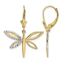 Pair of gold dragonfly earrings with leverback closures, featuring textured white diamond-cut wings and polished gold bodies.
