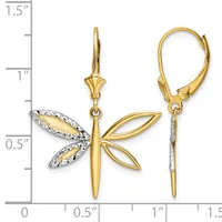 Two-tone gold cross earrings with leaf-shaped details and textured accents, shown front and side views next to a measurement scale.