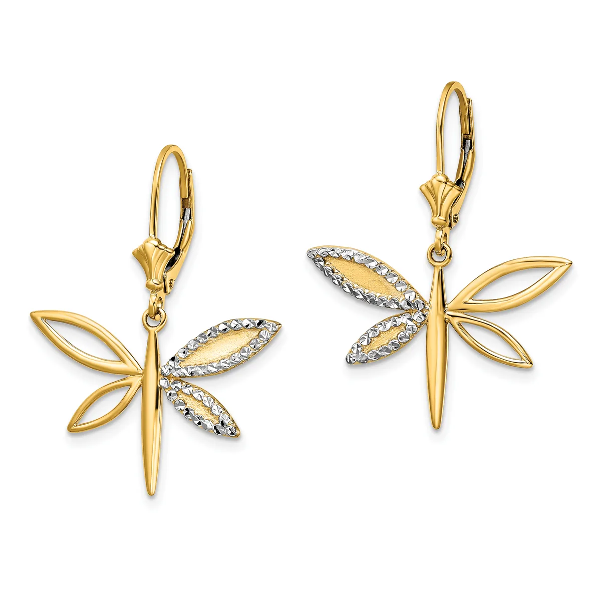 A pair of gold dragonfly earrings with polished wings and textured diamond-cut wings, suspended from lever-back closures.