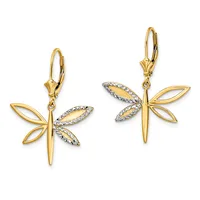 A pair of gold dragonfly earrings with polished wings and textured diamond-cut wings, suspended from lever-back closures.