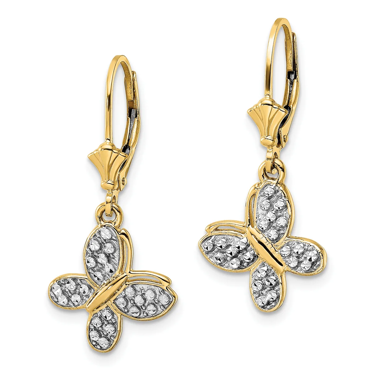 Pair of gold lever-back earrings with four-petal flower drops featuring diamond or crystal accents in each petal.