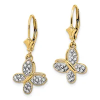 Pair of gold lever-back earrings with four-petal flower drops featuring diamond or crystal accents in each petal.