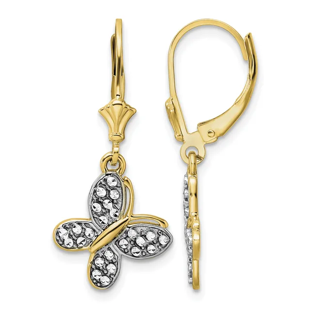 Pair of gold lever-back earrings with four-petal flower charms decorated with white crystals, shown from front and back views.