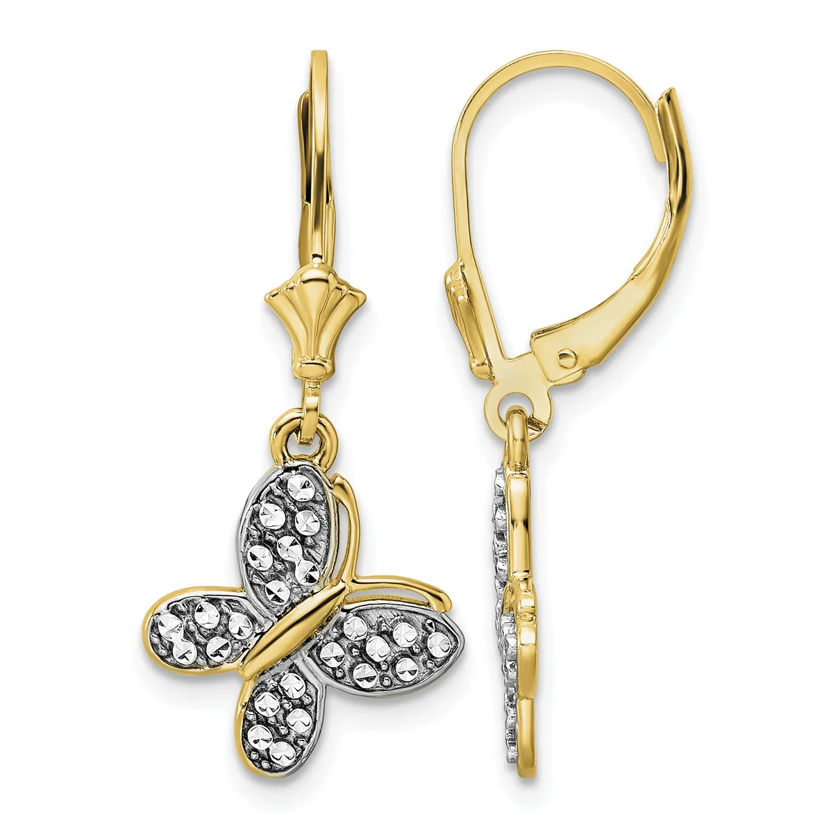 Pair of gold lever-back earrings with four-petal flower charms decorated with white crystals, shown from front and back views.
