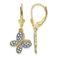Pair of gold lever-back earrings with four-petal flower charms decorated with white crystals, shown from front and back views.