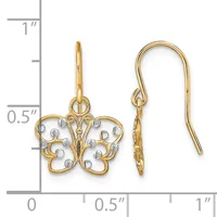Gold-tone butterfly earrings with filigree design and clear crystal accents, shown next to a ruler measuring approximately one inch in length.