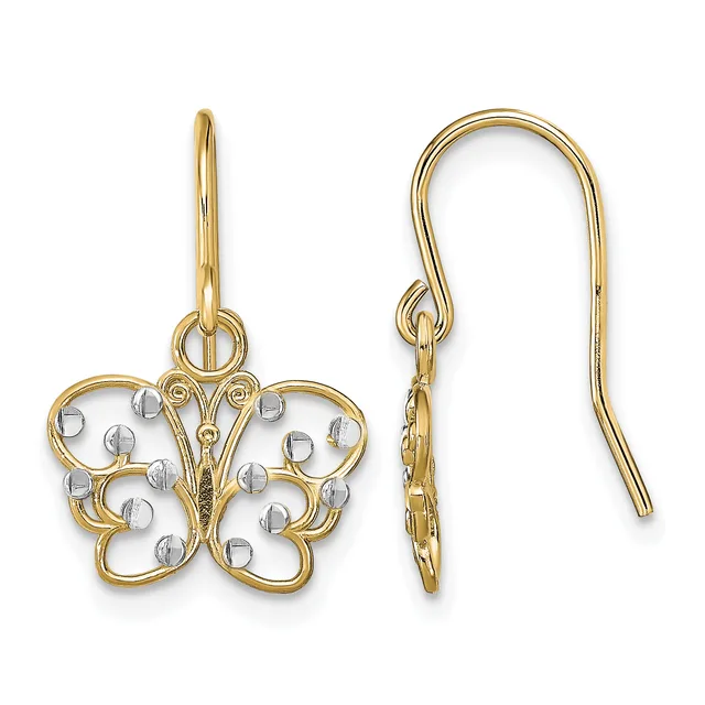 A pair of gold butterfly earrings with clear crystal beads on the wings, shown from front and side views with French wire hooks.