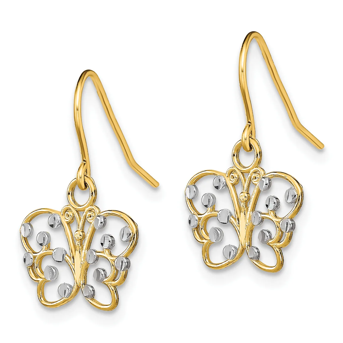 Pair of gold and silver butterfly-shaped dangle earrings with ornate filigree details, suspended from curved gold ear wires.
