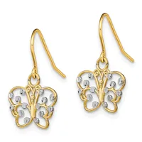 Pair of gold and silver butterfly-shaped dangle earrings with ornate filigree details, suspended from curved gold ear wires.