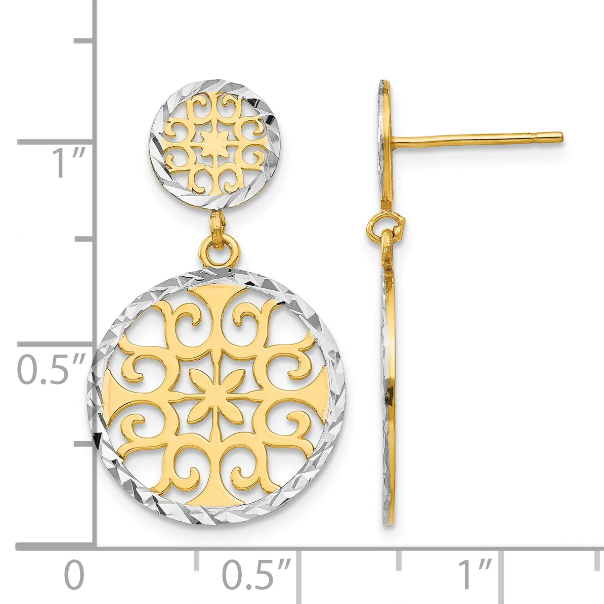 Two-tiered gold and silver dangle earrings with ornate filigree circular discs, displayed on a measurement ruler showing approximately one inch in length.