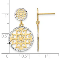 Two-tiered gold and silver dangle earrings with ornate filigree circular discs, displayed on a measurement ruler showing approximately one inch in length.