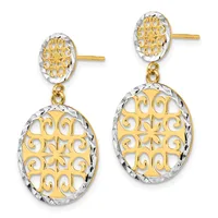 Pair of two-tone gold filigree oval dangle earrings with textured silver borders and gold posts.