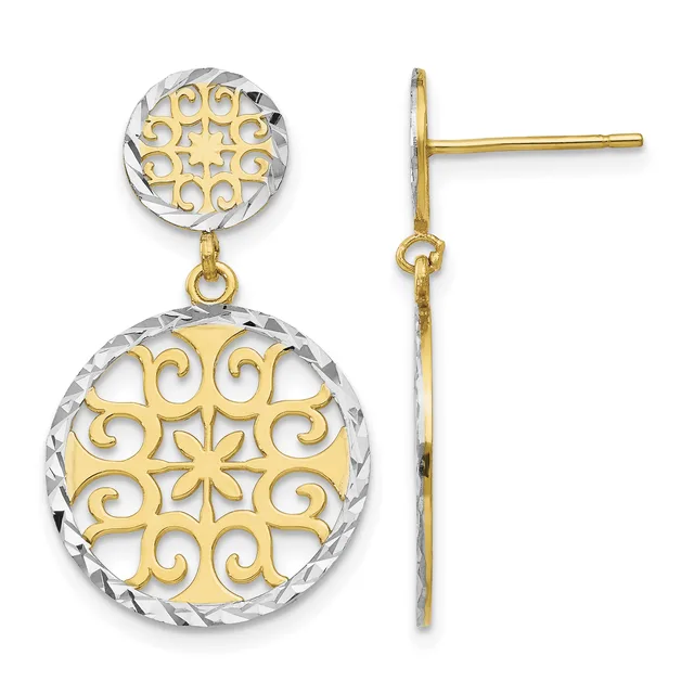 Pair of two-tone gold dangle earrings with ornate circular filigree designs, shown from front and side views.