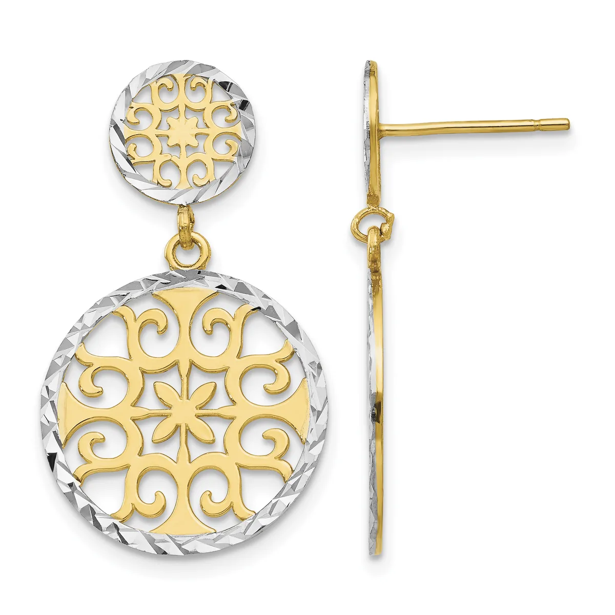 Pair of two-tone gold dangle earrings with ornate circular filigree designs, shown from front and side views.