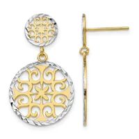 Pair of two-tone gold dangle earrings with ornate circular filigree designs, shown from front and side views.
