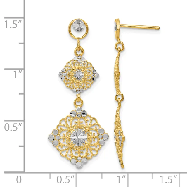 Gold-toned filigree drop earrings with two tiered diamond-cut circular medallions and rhinestone accents, shown next to a measurement ruler.